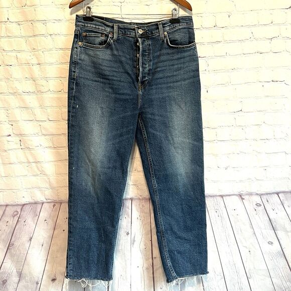 Re/Done Women’s 32 Distressed Ankle Buttoned Ultra High Rise Jeans Indigo Storm - Picture 1 of 13